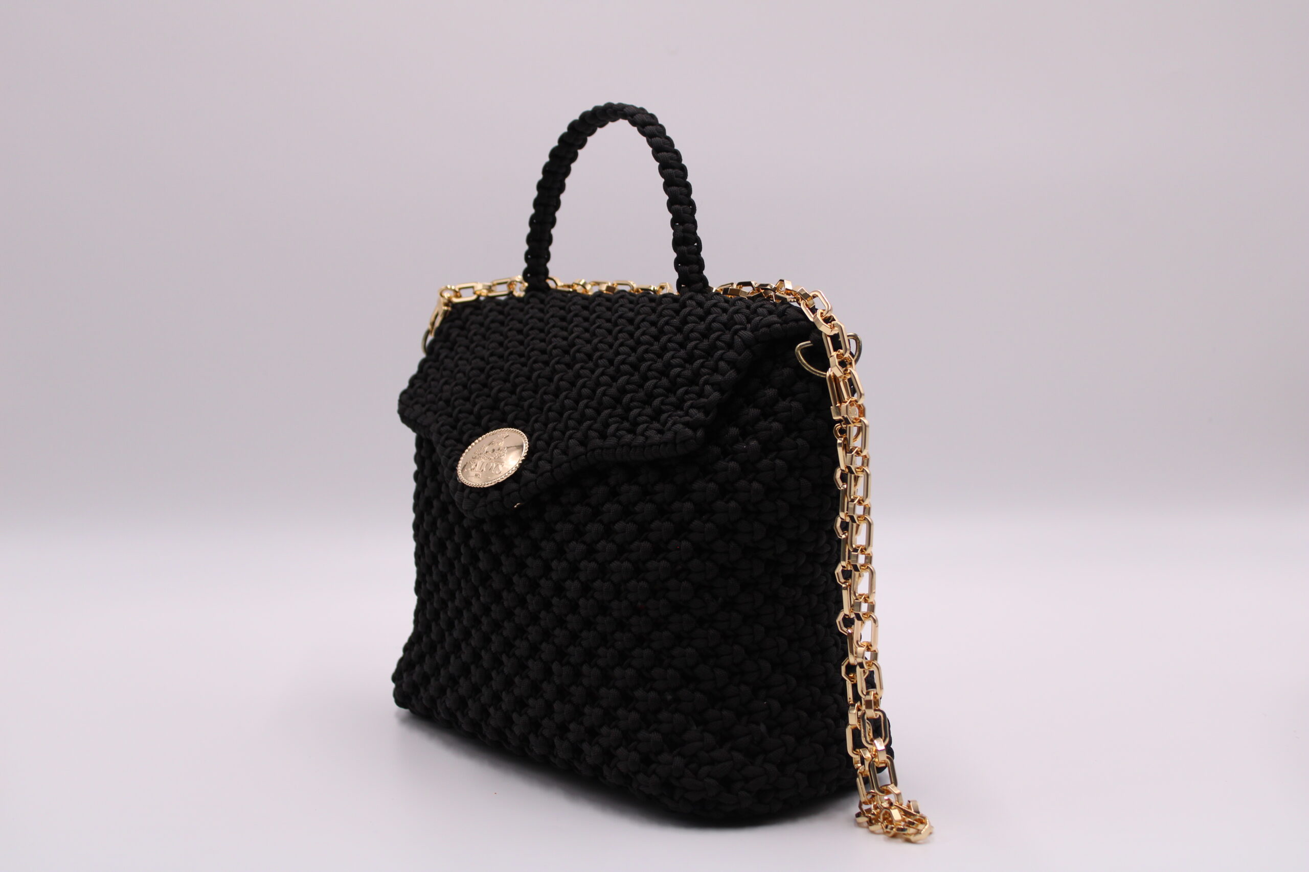 BLACK EBENE BAG 100% HAND-WOVEN WITH THE SMALL INTERNAL BAG AND GOLDEN METAL CHAIN